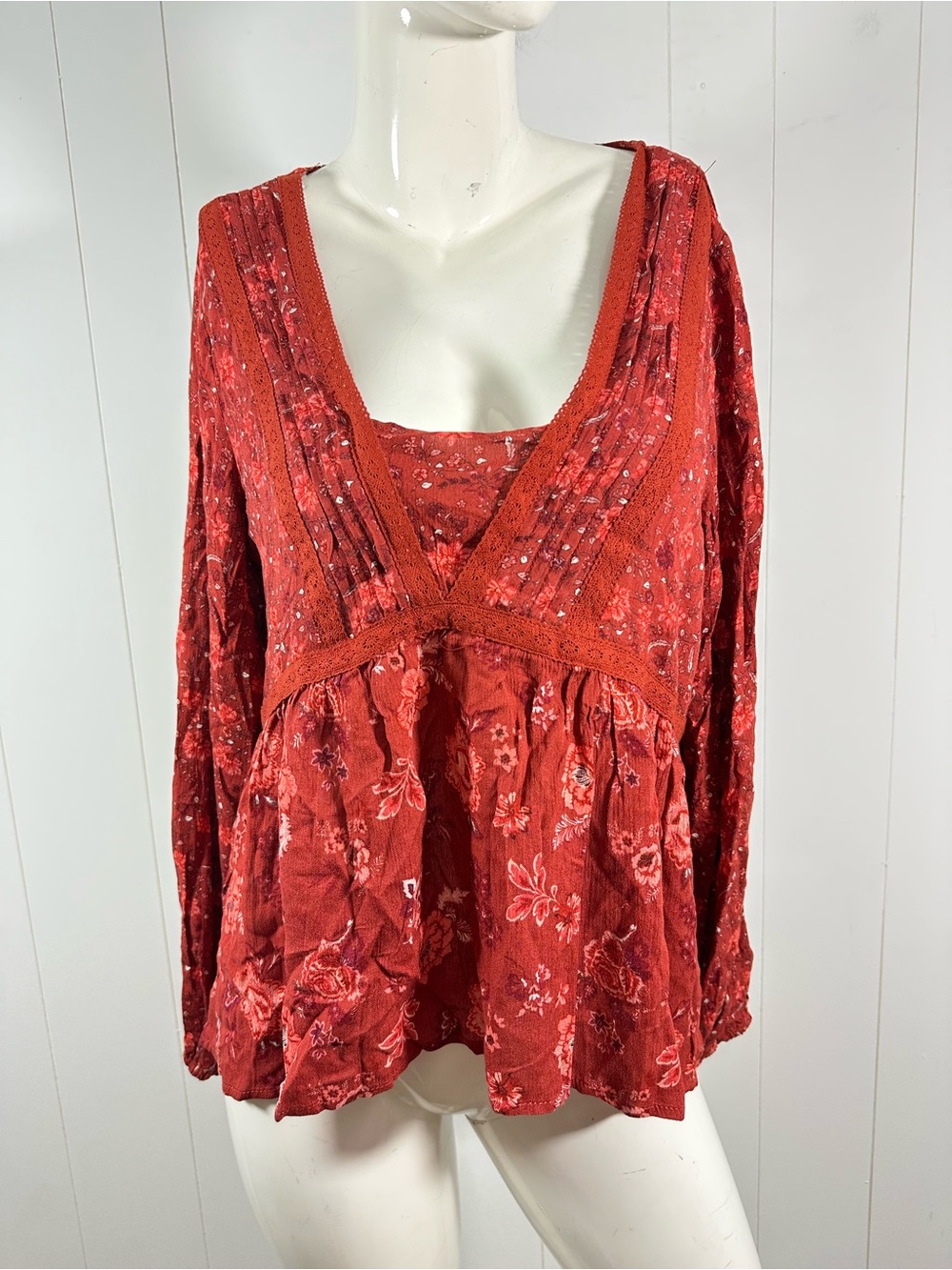 NWT Penelope Rose XL Floral Peasant Blouse Shirt Top Boho Cottagecore Rust Lace
